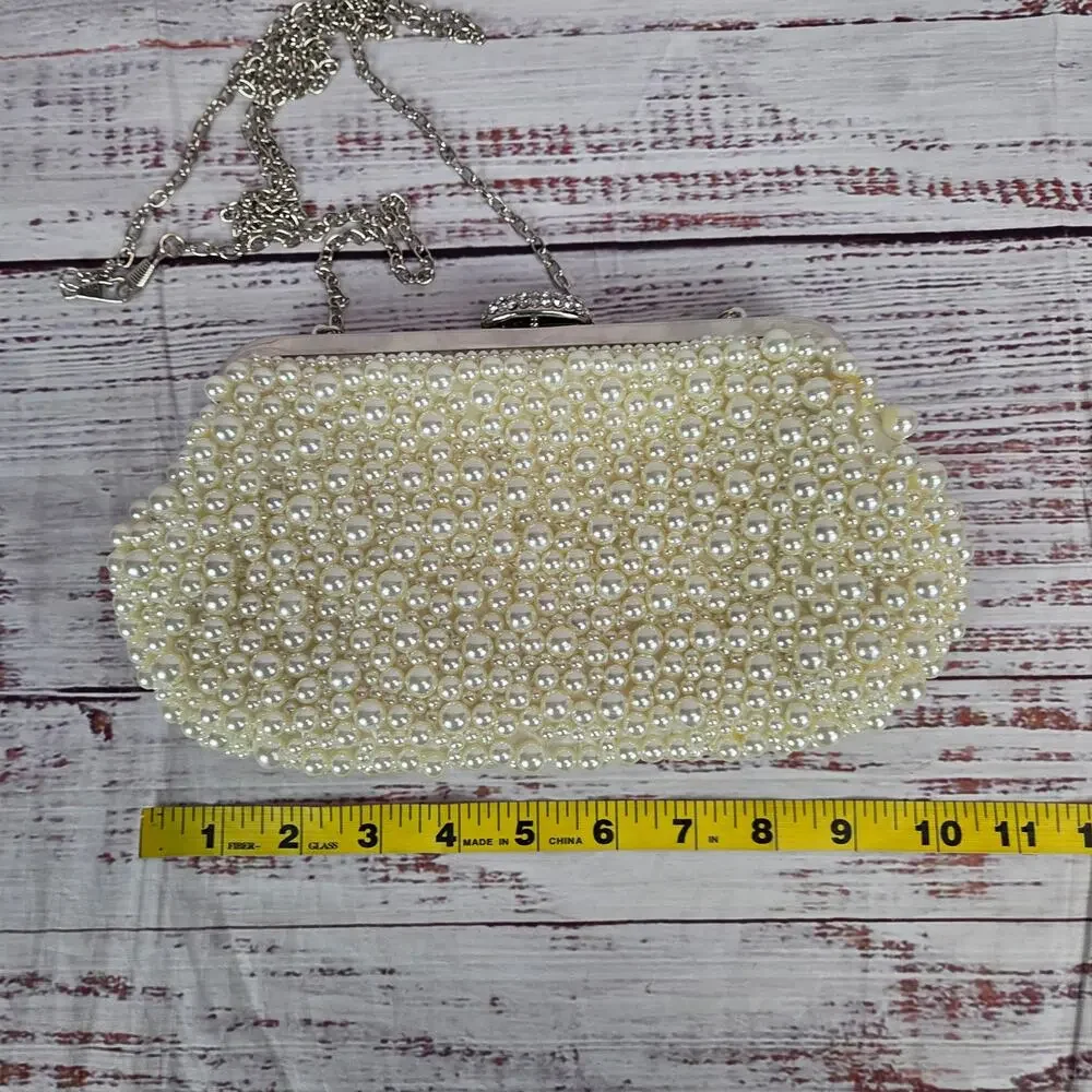 Faux Pearl Jeweled Clutch Purse Chain Strap Sophisticated Parisian Timeless Bag